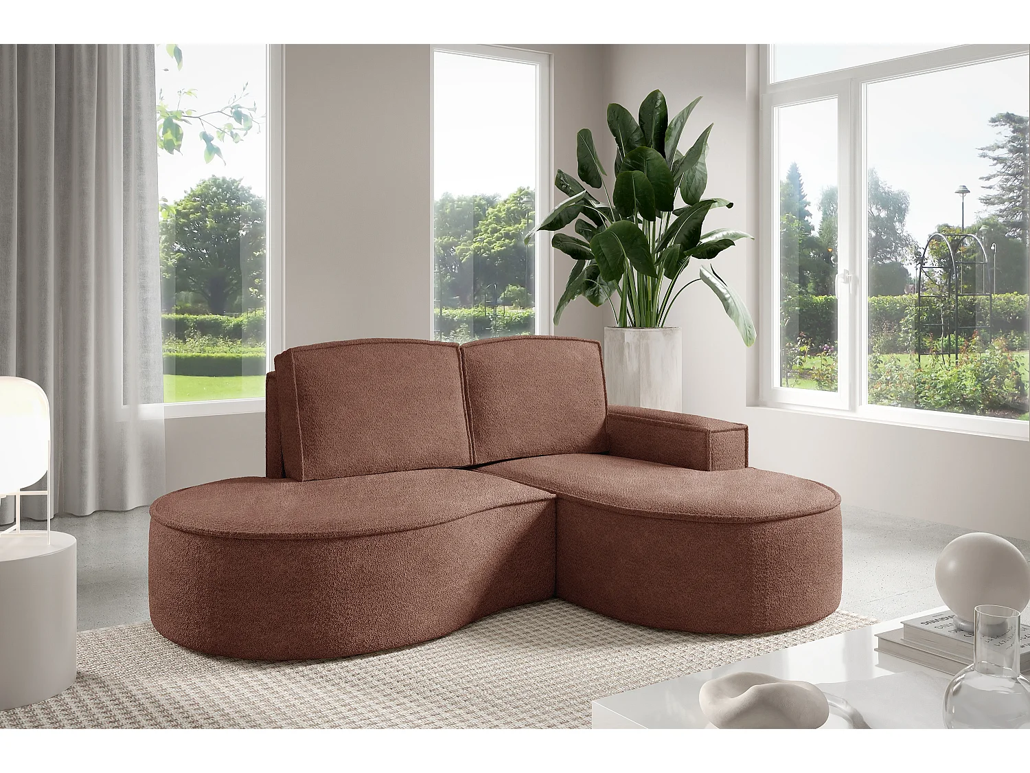 Hoekbank MOLLY – Halfrond, Abriamo-Bouclé, Losse Kussens, Bouclé-bekleding, 210x157x88 cm, Rechts Bruin