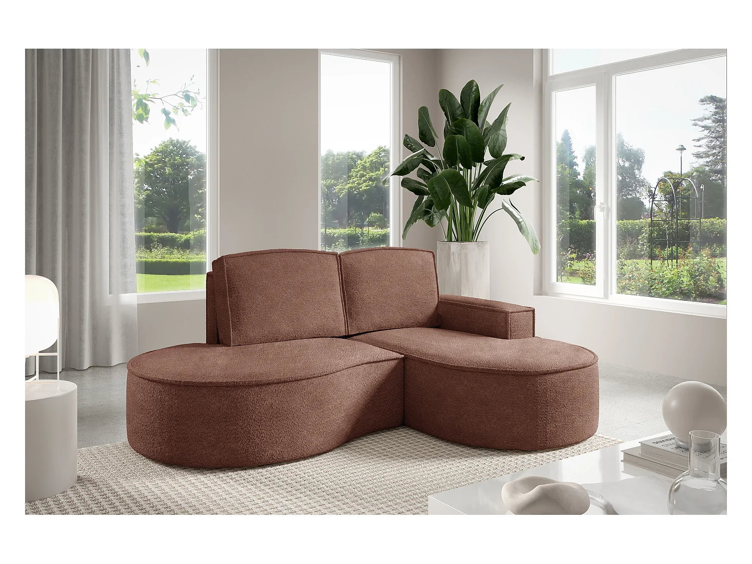 Canapé d'angle MOLLY – Semi-circulaire, Abriamo-Bouclé, Coussins libres, Revêtement bouclé, 210x157x88 cm, Droit Brun