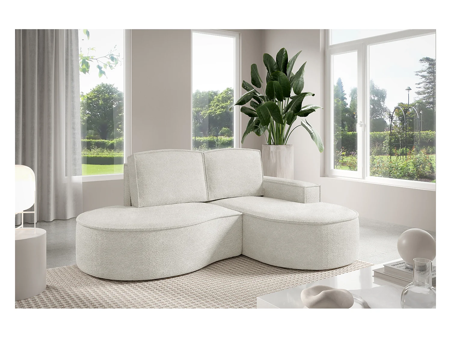 Canapé d'angle MOLLY – Semi-circulaire, Abriamo-Bouclé, Coussins libres, Revêtement bouclé, 210x157x88 cm, Droit Blanc