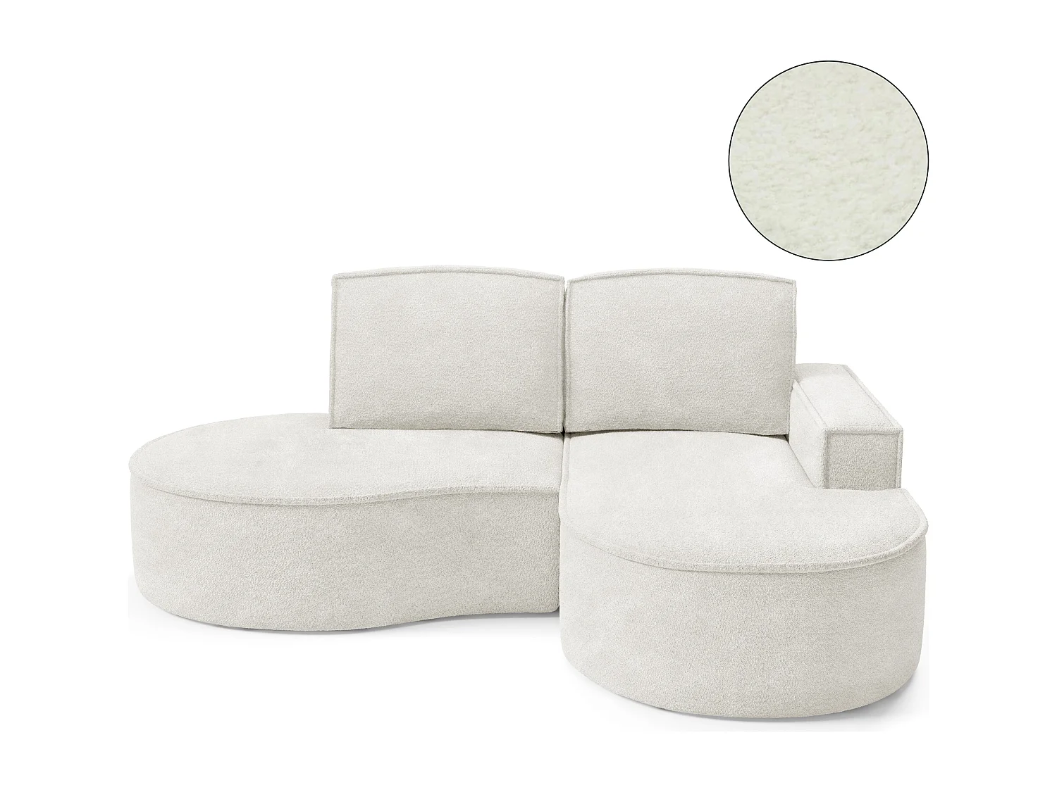 Canapé d'angle MOLLY – Semi-circulaire, Abriamo-Bouclé, Coussins libres, Revêtement bouclé, 210x157x88 cm, Droit Blanc