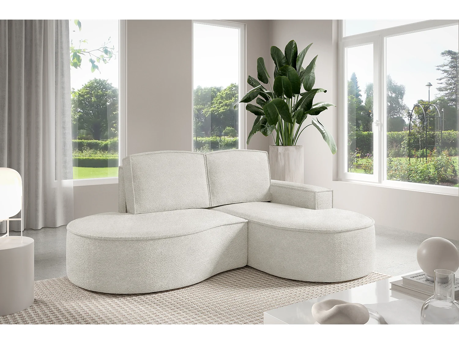 Canapé d'angle MOLLY – Semi-circulaire, Abriamo-Bouclé, Coussins libres, Revêtement bouclé, 210x157x88 cm, Droit Blanc