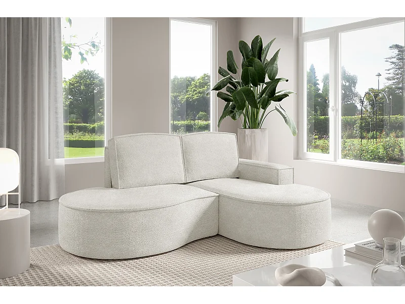Canapé d'angle MOLLY – Semi-circulaire, Abriamo-Bouclé, Coussins libres, Revêtement bouclé, 210x157x88 cm, Droit Blanc