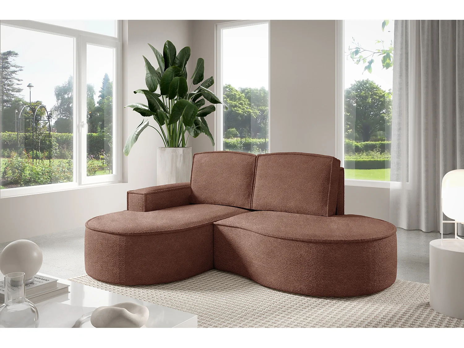 Canapé d'angle MOLLY – Semi-circulaire, Abriamo-Bouclé, Coussins libres, Revêtement bouclé, 210x157x88 cm, Gauche Brun