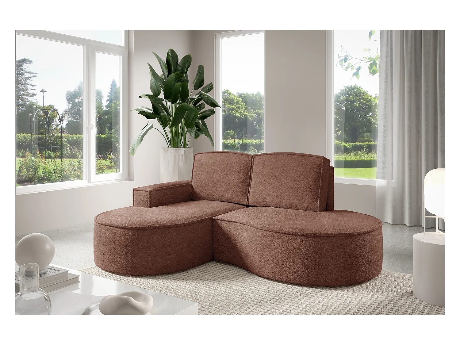 Canapé d'angle MOLLY – Semi-circulaire, Abriamo-Bouclé, Coussins libres, Revêtement bouclé, 210x157x88 cm, Gauche Brun