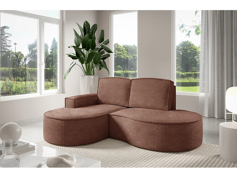 Hoekbank MOLLY – Halfrond, Abriamo-Bouclé, Losse Kussens, Bouclé-bekleding, 210x157x88 cm, Links Bruin