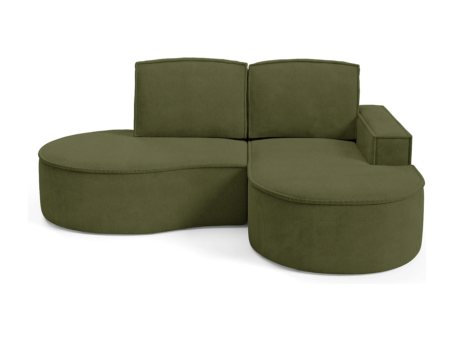 Canapé d'angle MOLLY sans couchage – Demi-lune, tissu Bouclé, coussins amovibles, revêtement doux, 210x157x88 cm, côté droit vert