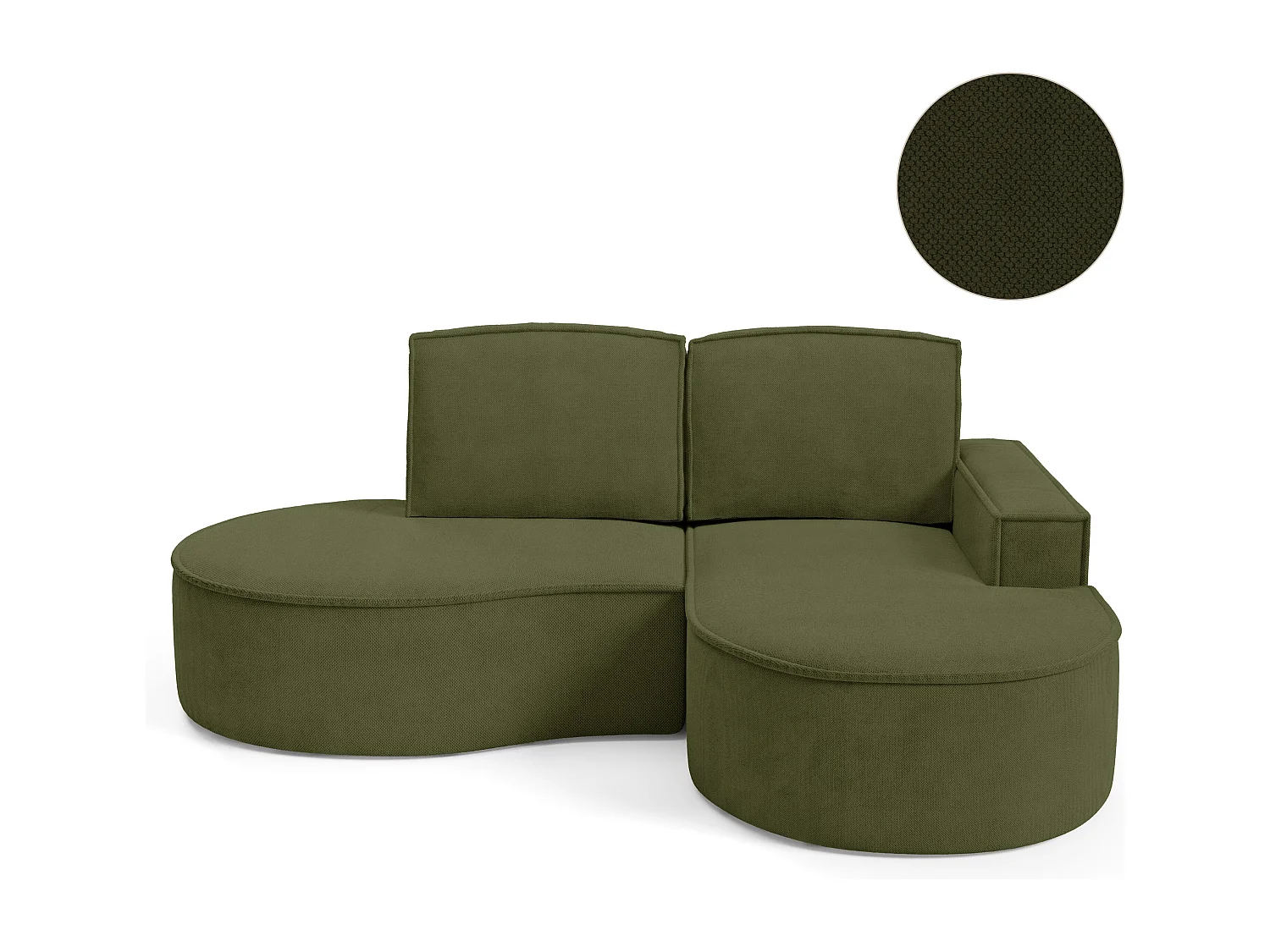 Canapé d'angle MOLLY sans couchage – Demi-lune, tissu Bouclé, coussins amovibles, revêtement doux, 210x157x88 cm, côté droit vert