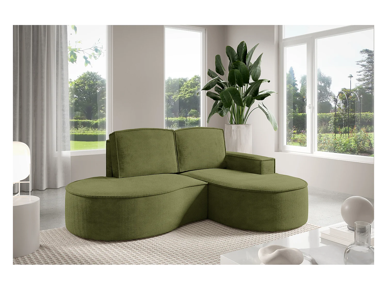 Canapé d'angle MOLLY sans couchage – Demi-lune, tissu Bouclé, coussins amovibles, revêtement doux, 210x157x88 cm, côté droit vert