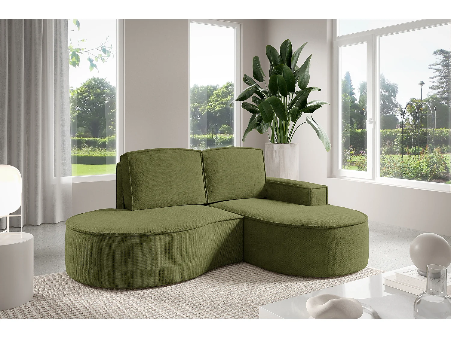 Canapé d'angle MOLLY sans couchage – Demi-lune, tissu Bouclé, coussins amovibles, revêtement doux, 210x157x88 cm, côté droit vert