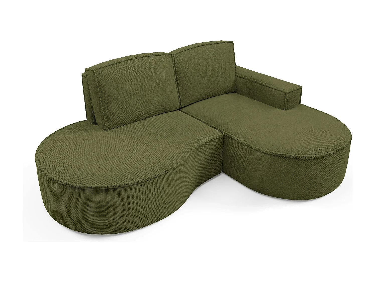 Canapé d'angle MOLLY sans couchage – Demi-lune, tissu Bouclé, coussins amovibles, revêtement doux, 210x157x88 cm, côté droit vert