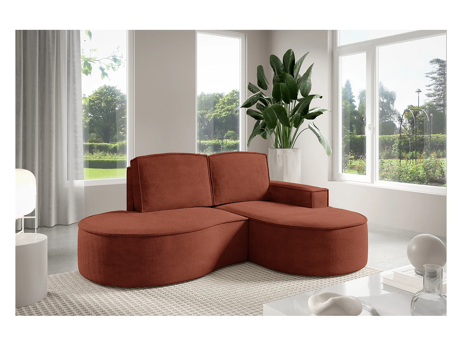 Canapé d'angle MOLLY sans couchage – Demi-lune, tissu Bouclé, coussins amovibles, revêtement doux, 210x157x88 cm, côté droit brun