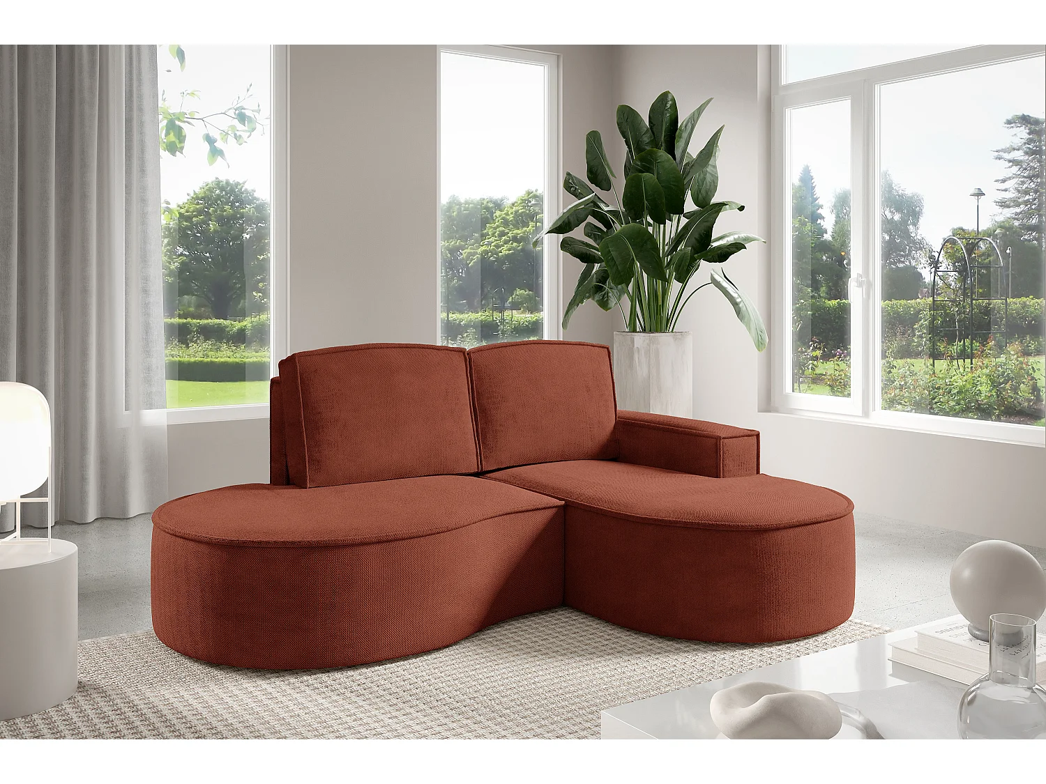 Ecksofa MOLLY – Halbkreisförmig, Curio-Bouclé, Lose Kissen, 210x157x88 cm, Rechts Braun