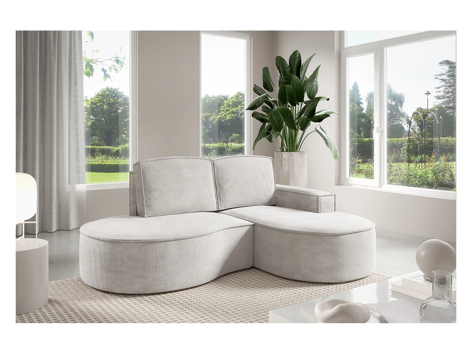 Canapé d'angle MOLLY sans couchage – Demi-lune, tissu Bouclé, coussins amovibles, revêtement doux, 210x157x88 cm, côté droit blanc