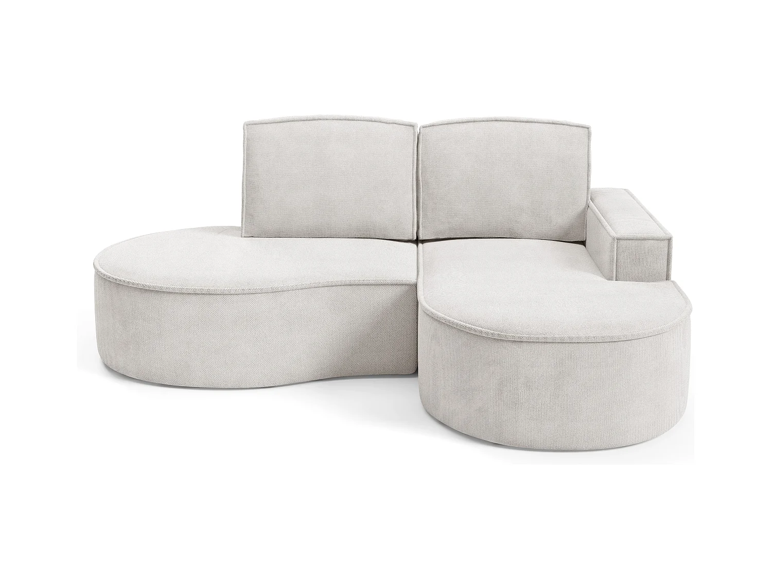 Canapé d'angle MOLLY sans couchage – Demi-lune, tissu Bouclé, coussins amovibles, revêtement doux, 210x157x88 cm, côté droit blanc