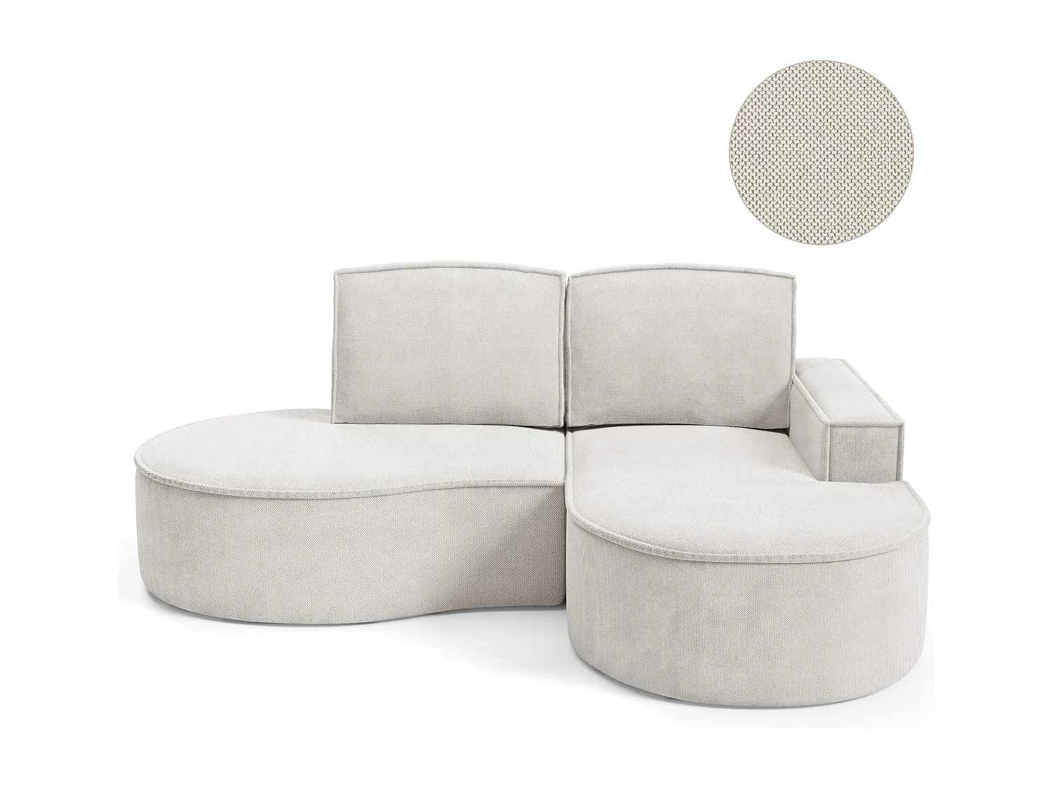 Canapé d'angle MOLLY sans couchage – Demi-lune, tissu Bouclé, coussins amovibles, revêtement doux, 210x157x88 cm, côté droit blanc