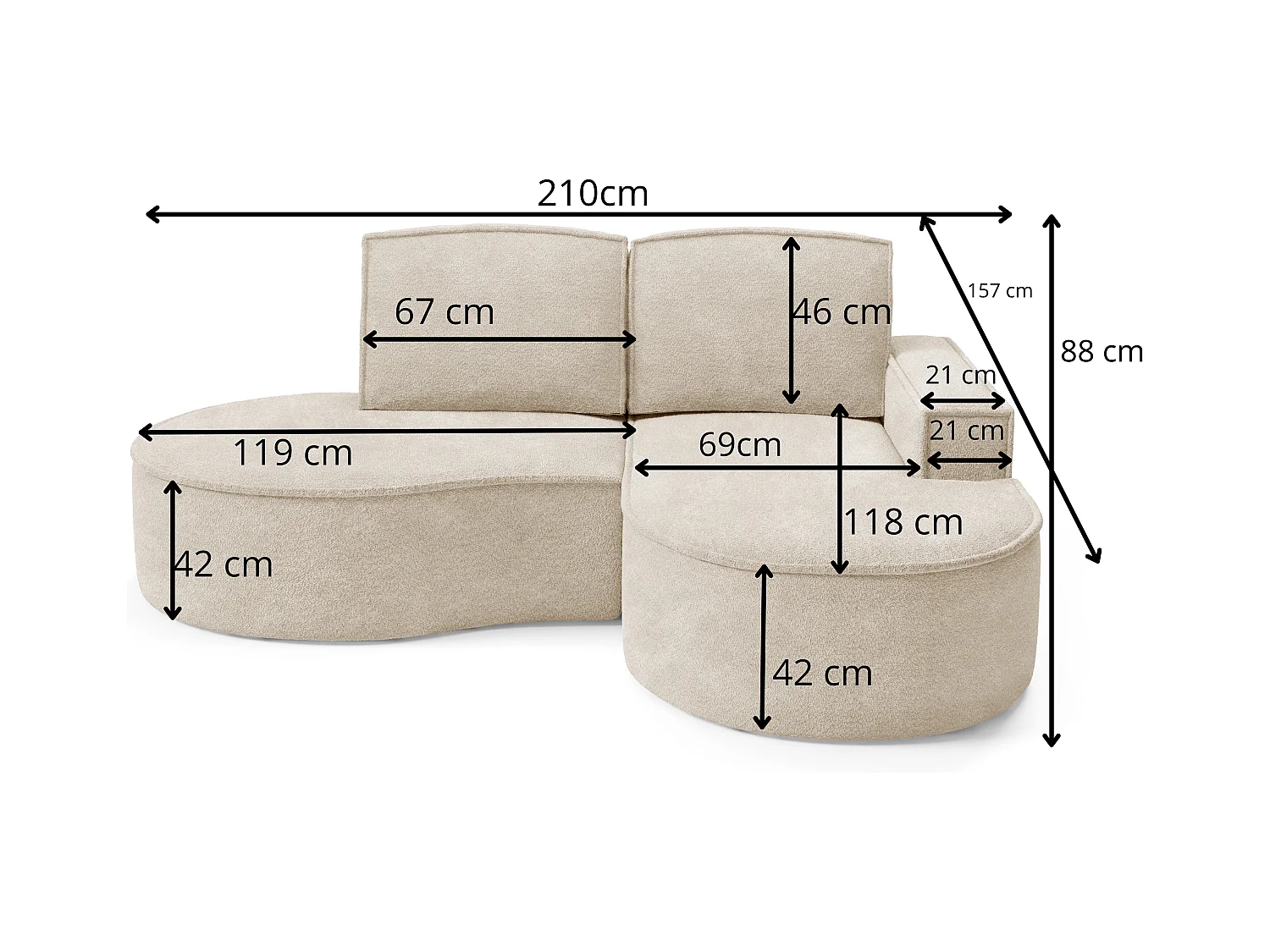 Canapé d'angle MOLLY sans couchage – Demi-lune, tissu Bouclé, coussins amovibles, revêtement doux, 210x157x88 cm, côté droit blanc