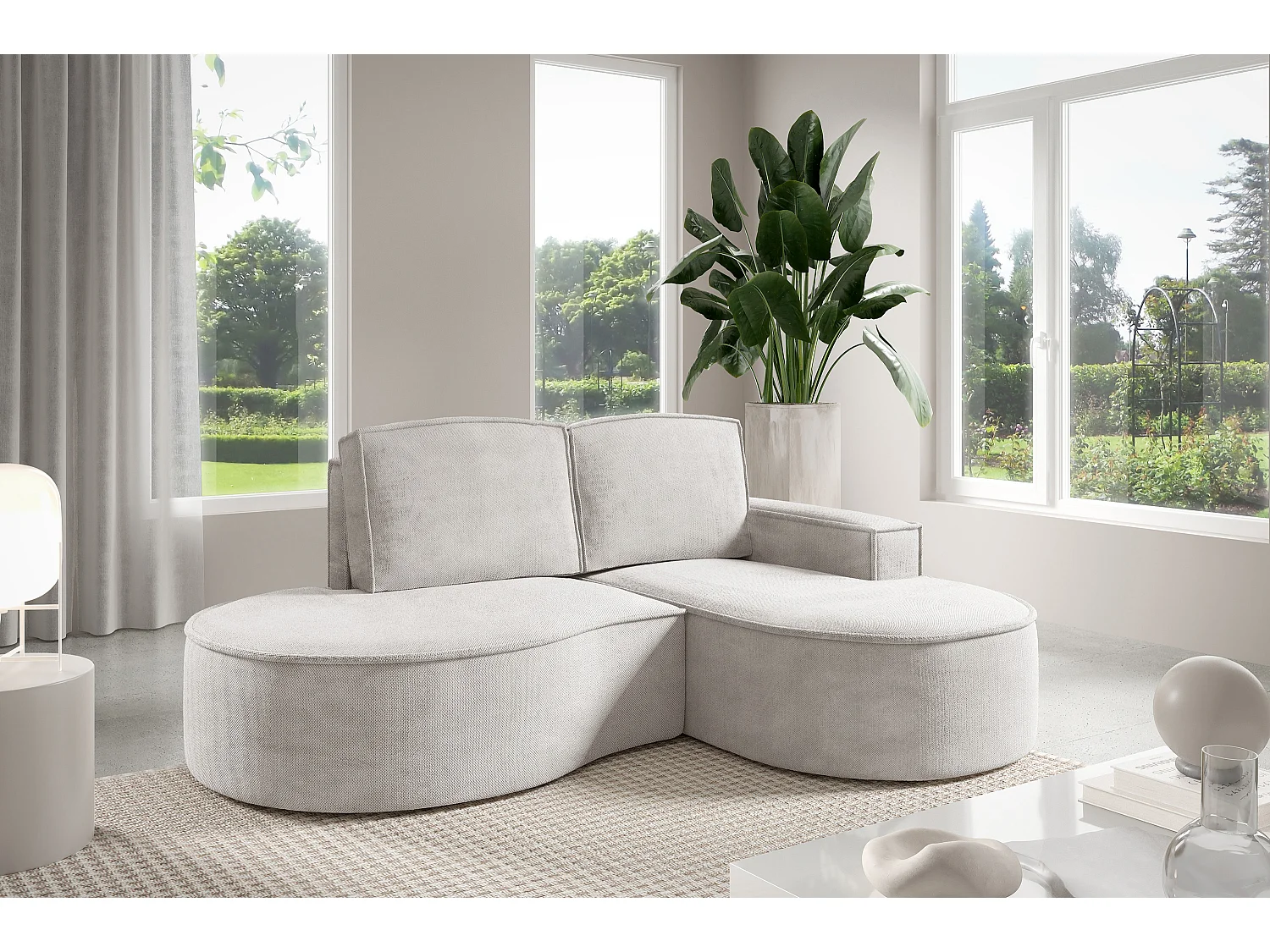 Canapé d'angle MOLLY sans couchage – Demi-lune, tissu Bouclé, coussins amovibles, revêtement doux, 210x157x88 cm, côté droit blanc