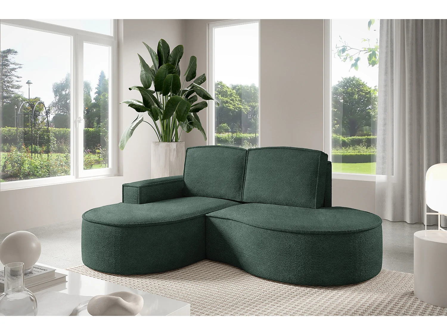 Canapé d'angle MOLLY – Semi-circulaire, Abriamo-Bouclé, Coussins libres, Revêtement bouclé, 210x157x88 cm, Gauche Vert