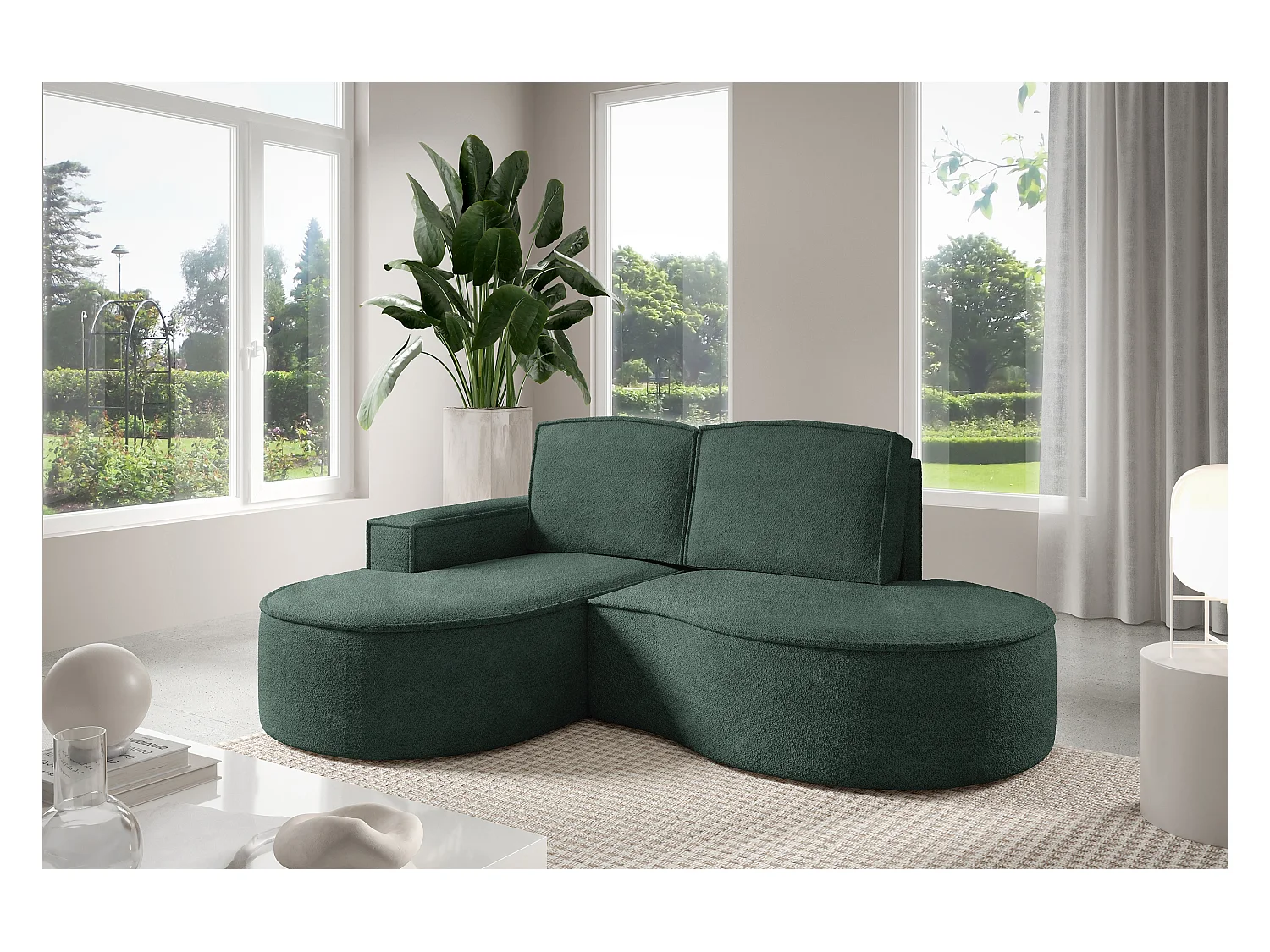 Canapé d'angle MOLLY – Semi-circulaire, Abriamo-Bouclé, Coussins libres, Revêtement bouclé, 210x157x88 cm, Gauche Vert