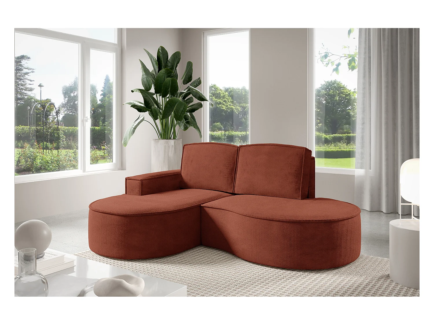 Canapé d'angle MOLLY sans couchage – Demi-lune, tissu Bouclé, coussins amovibles, revêtement doux, 210x157x88 cm, côté gauche brun