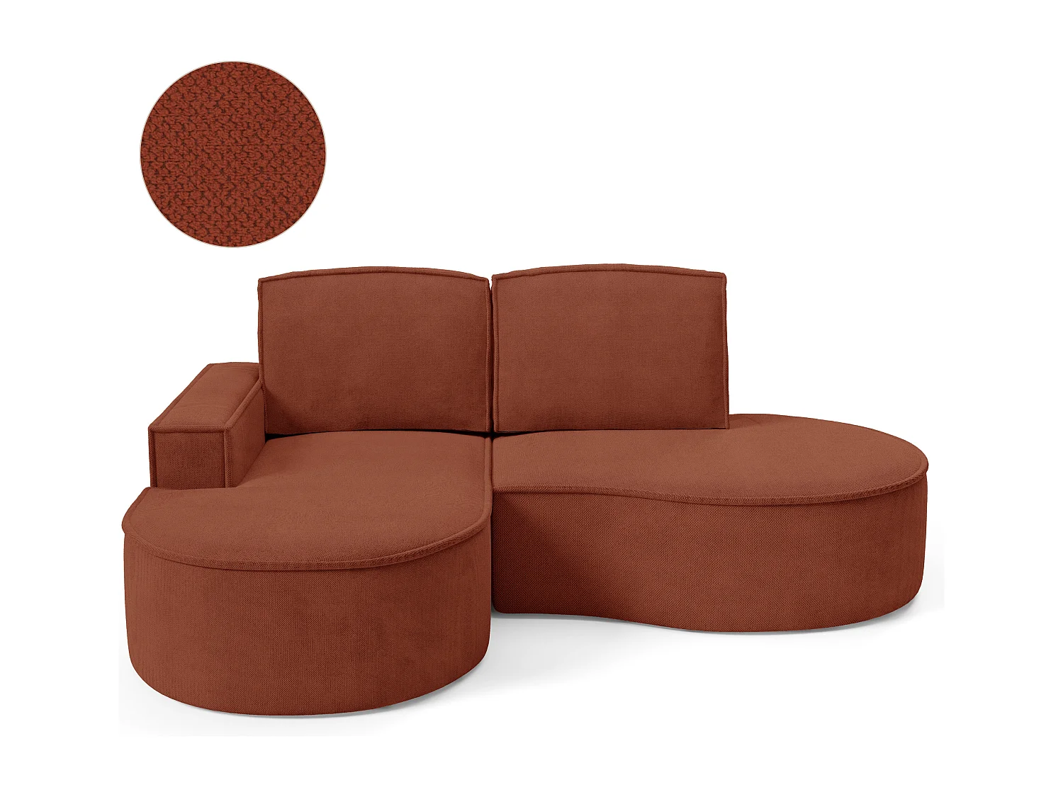 Canapé d'angle MOLLY sans couchage – Demi-lune, tissu Bouclé, coussins amovibles, revêtement doux, 210x157x88 cm, côté gauche brun