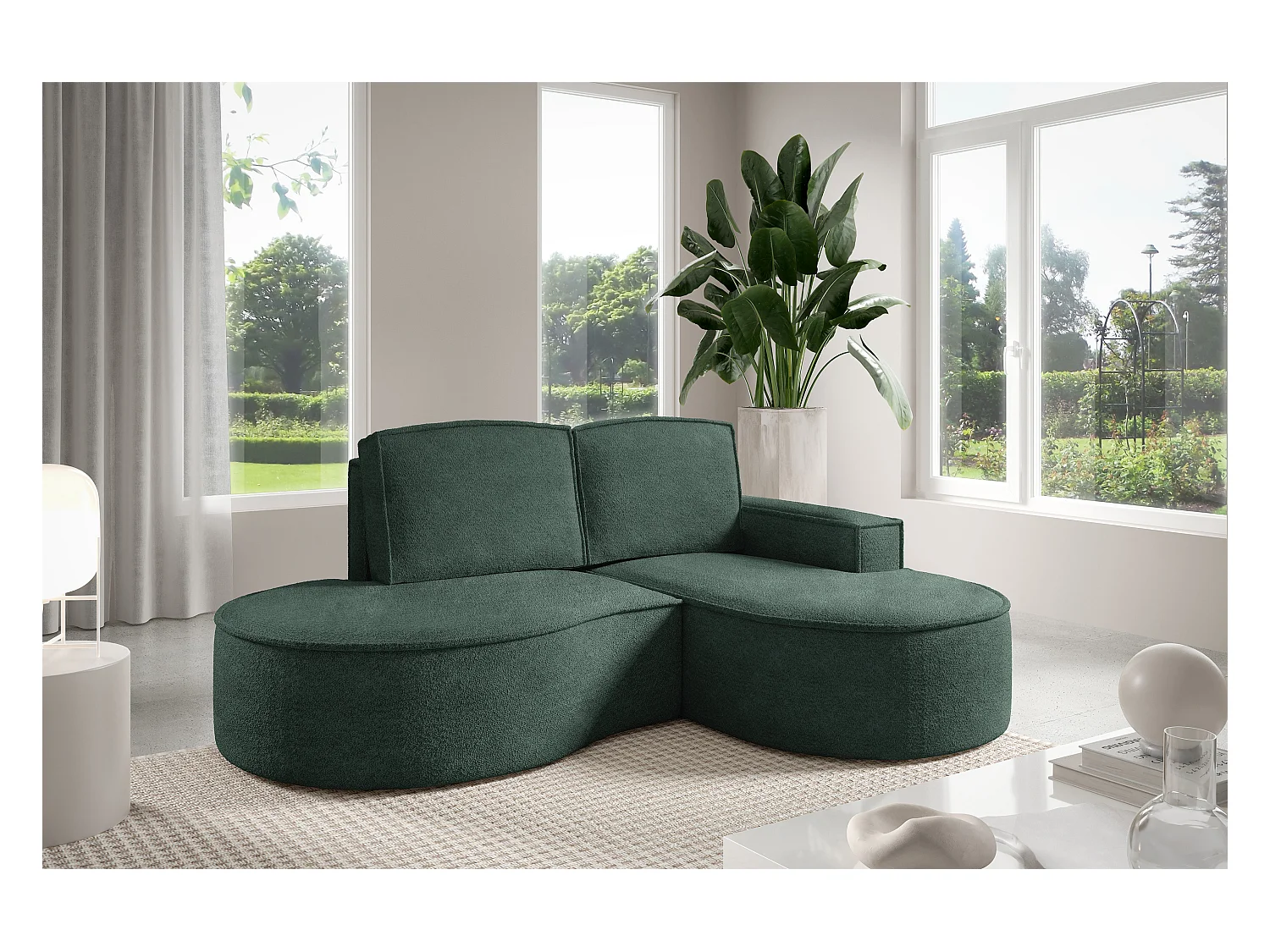 Canapé d'angle MOLLY – Semi-circulaire, Abriamo-Bouclé, Coussins libres, Revêtement bouclé, 210x157x88 cm, Droit Vert