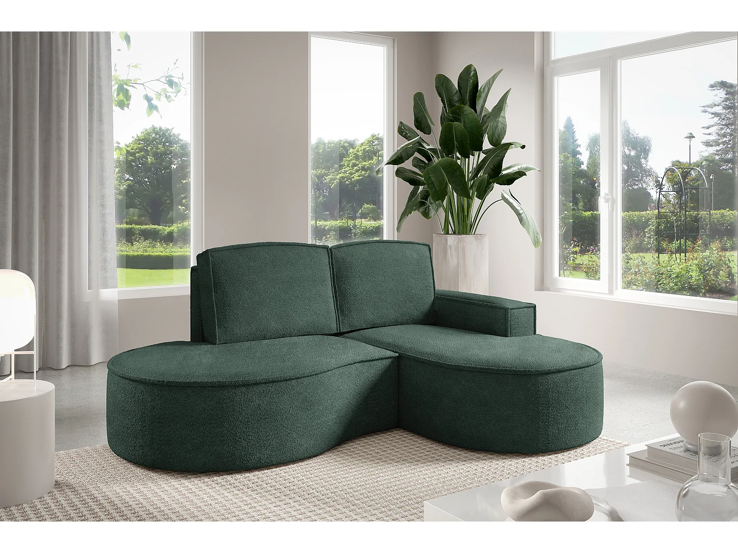 Canapé d'angle MOLLY – Semi-circulaire, Abriamo-Bouclé, Coussins libres, Revêtement bouclé, 210x157x88 cm, Droit Vert