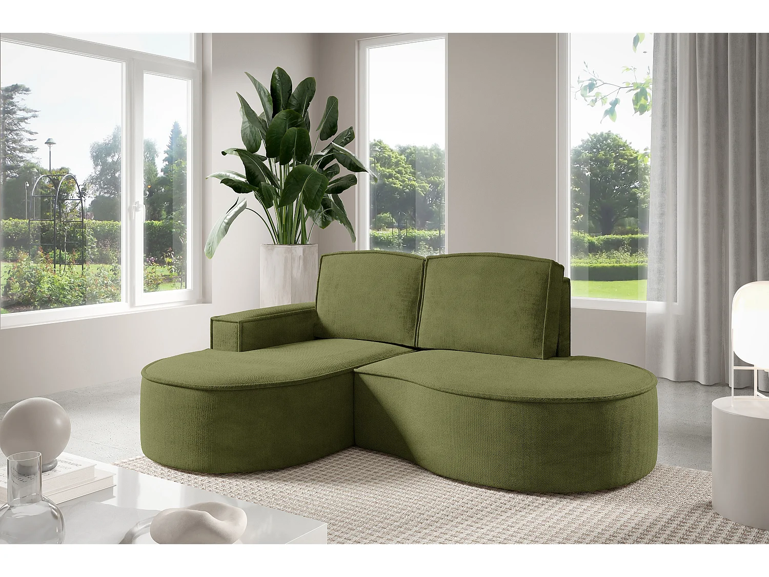 Canapé d'angle MOLLY sans couchage – Demi-lune, tissu Bouclé, coussins amovibles, revêtement doux, 210x157x88 cm, côté gauche vert