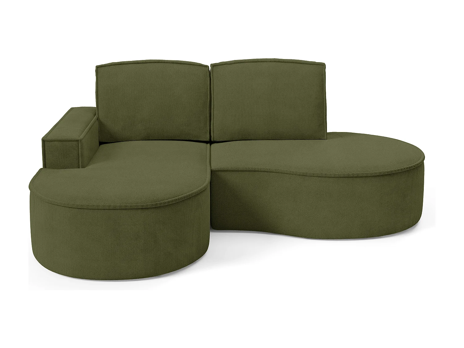 Canapé d'angle MOLLY sans couchage – Demi-lune, tissu Bouclé, coussins amovibles, revêtement doux, 210x157x88 cm, côté gauche vert