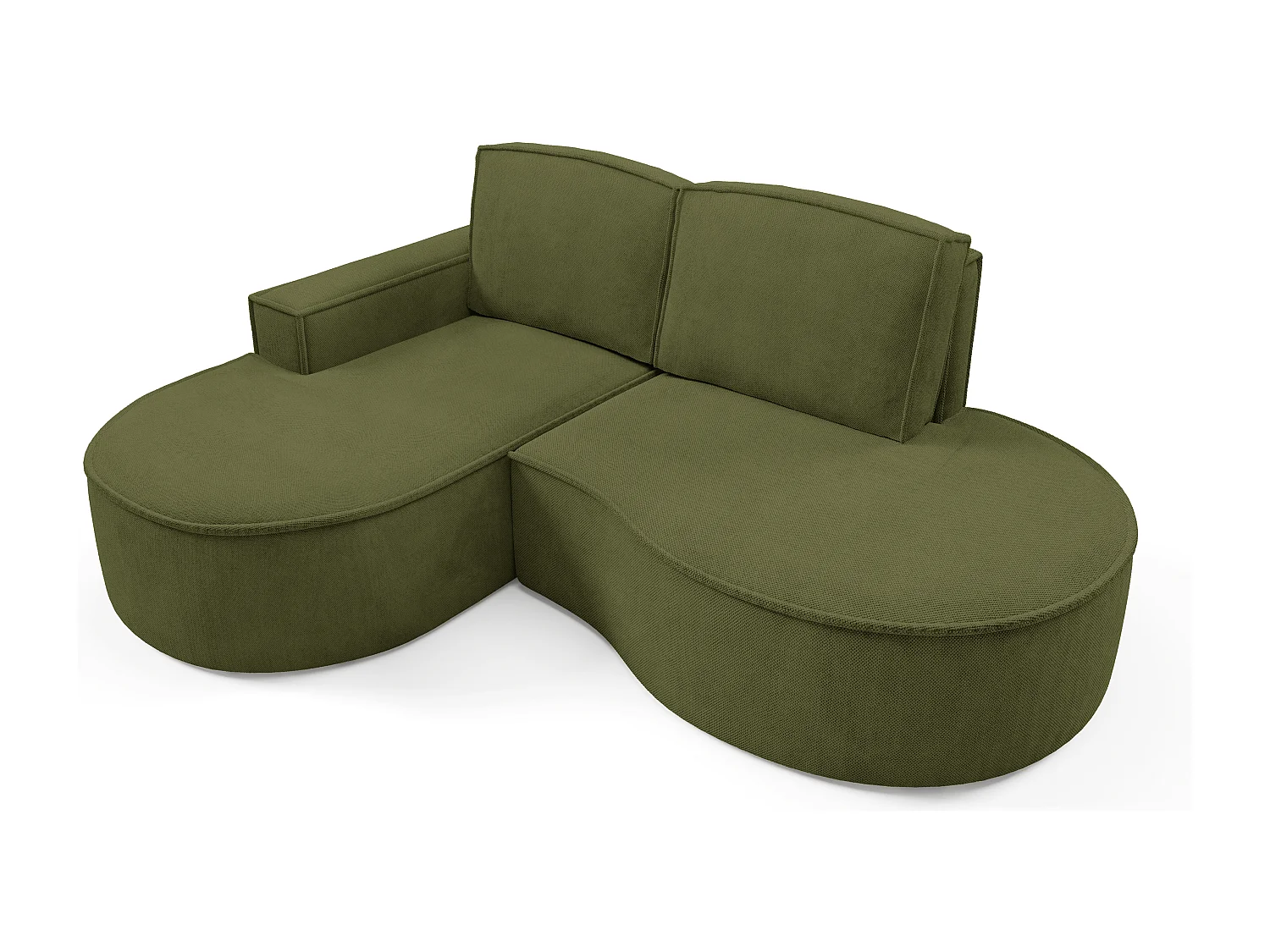 Canapé d'angle MOLLY sans couchage – Demi-lune, tissu Bouclé, coussins amovibles, revêtement doux, 210x157x88 cm, côté gauche vert