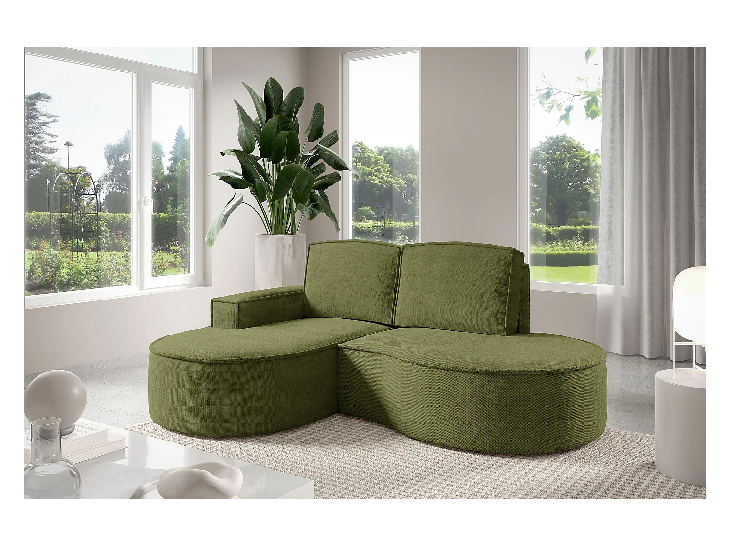 Canapé d'angle MOLLY sans couchage – Demi-lune, tissu Bouclé, coussins amovibles, revêtement doux, 210x157x88 cm, côté gauche vert