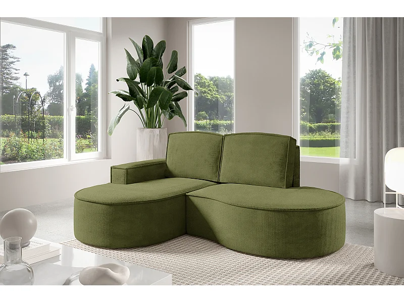 Canapé d'angle MOLLY sans couchage – Demi-lune, tissu Bouclé, coussins amovibles, revêtement doux, 210x157x88 cm, côté gauche vert