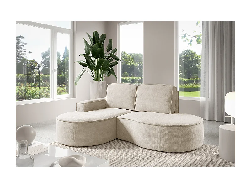Ecksofa MOLLY – Halbkreisförmig, Curio-Bouclé, Lose Kissen, 210x157x88 cm, Links Beige