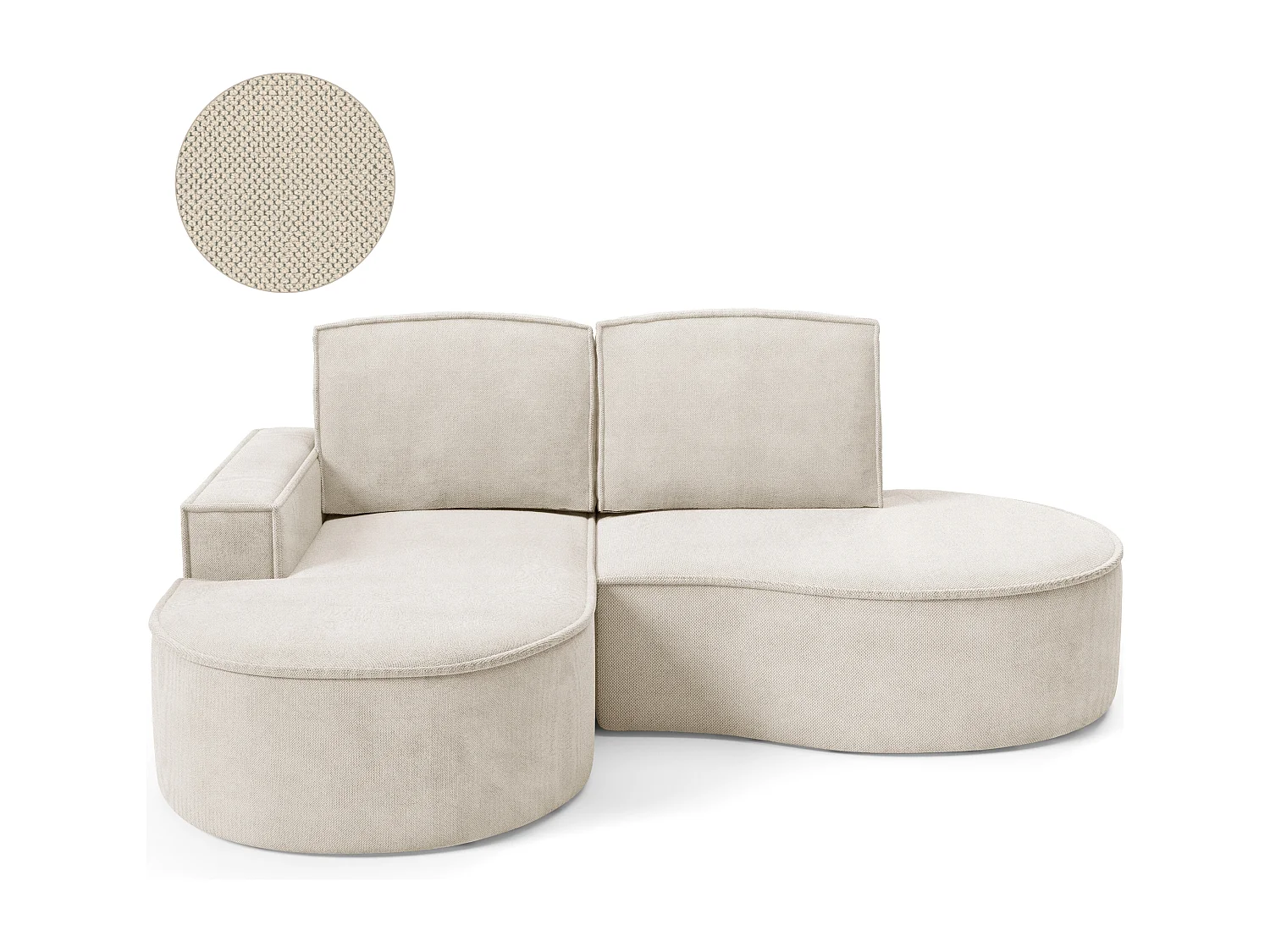 Canapé d'angle MOLLY sans couchage – Demi-lune, tissu Bouclé, coussins amovibles, revêtement doux, 210x157x88 cm, côté gauche beige