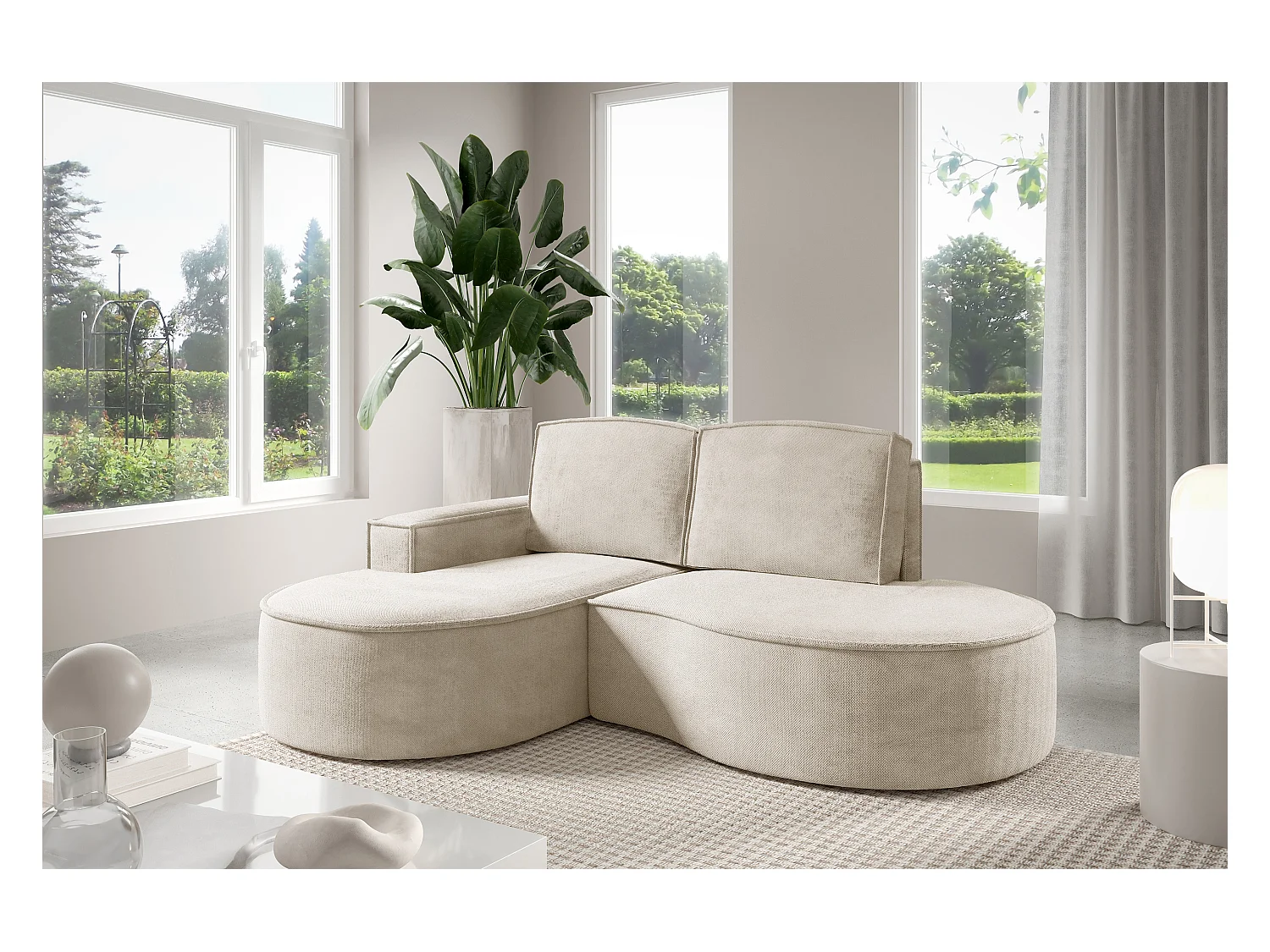 Canapé d'angle MOLLY sans couchage – Demi-lune, tissu Bouclé, coussins amovibles, revêtement doux, 210x157x88 cm, côté gauche beige