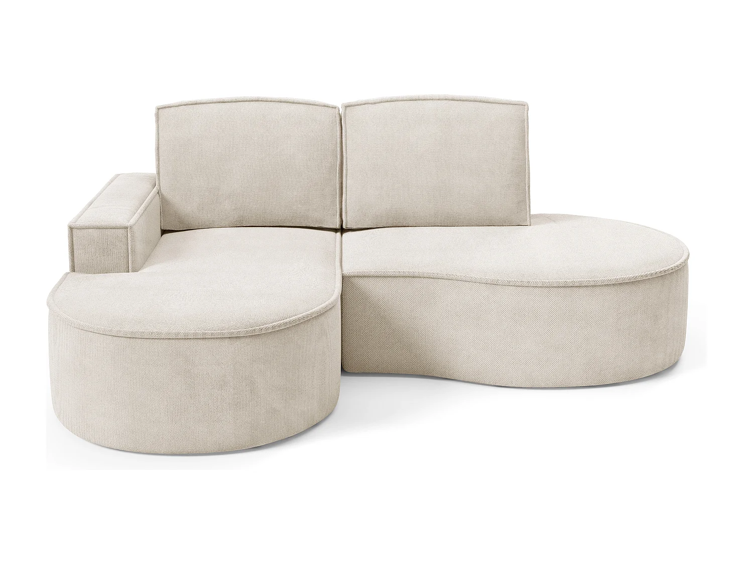 Canapé d'angle MOLLY sans couchage – Demi-lune, tissu Bouclé, coussins amovibles, revêtement doux, 210x157x88 cm, côté gauche beige