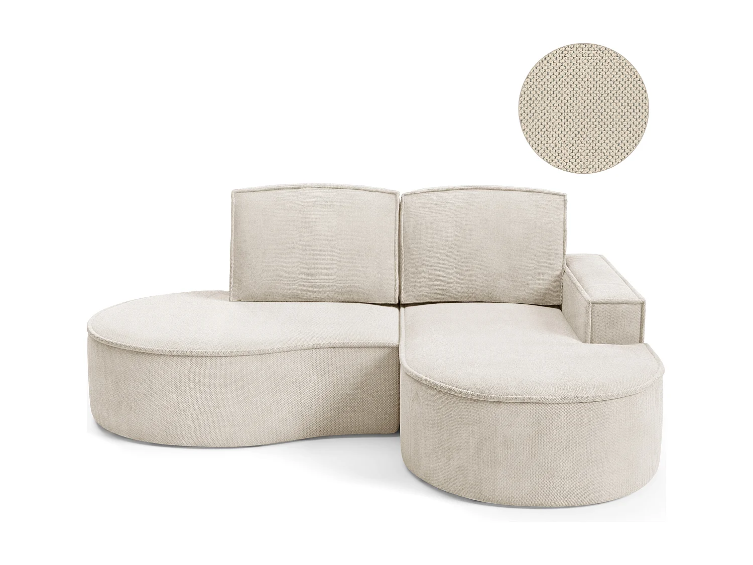 Canapé d'angle MOLLY sans couchage – Demi-lune, tissu Bouclé, coussins amovibles, revêtement doux, 210x157x88 cm, côté droit beige