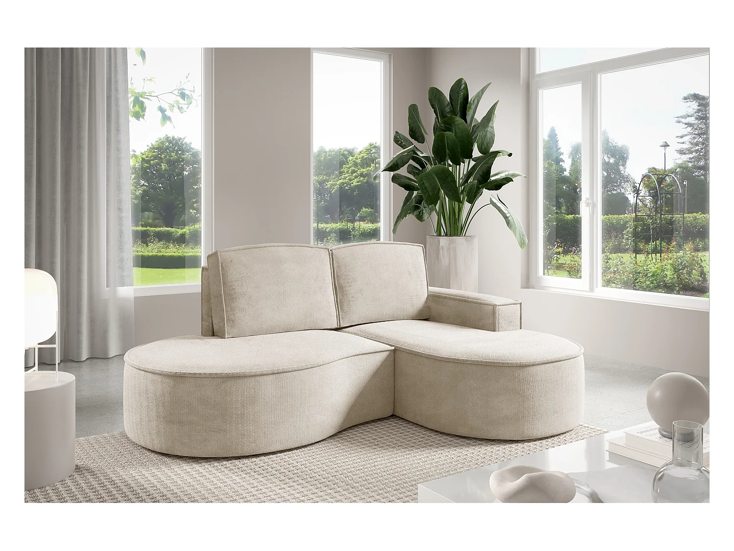 Canapé d'angle MOLLY sans couchage – Demi-lune, tissu Bouclé, coussins amovibles, revêtement doux, 210x157x88 cm, côté droit beige