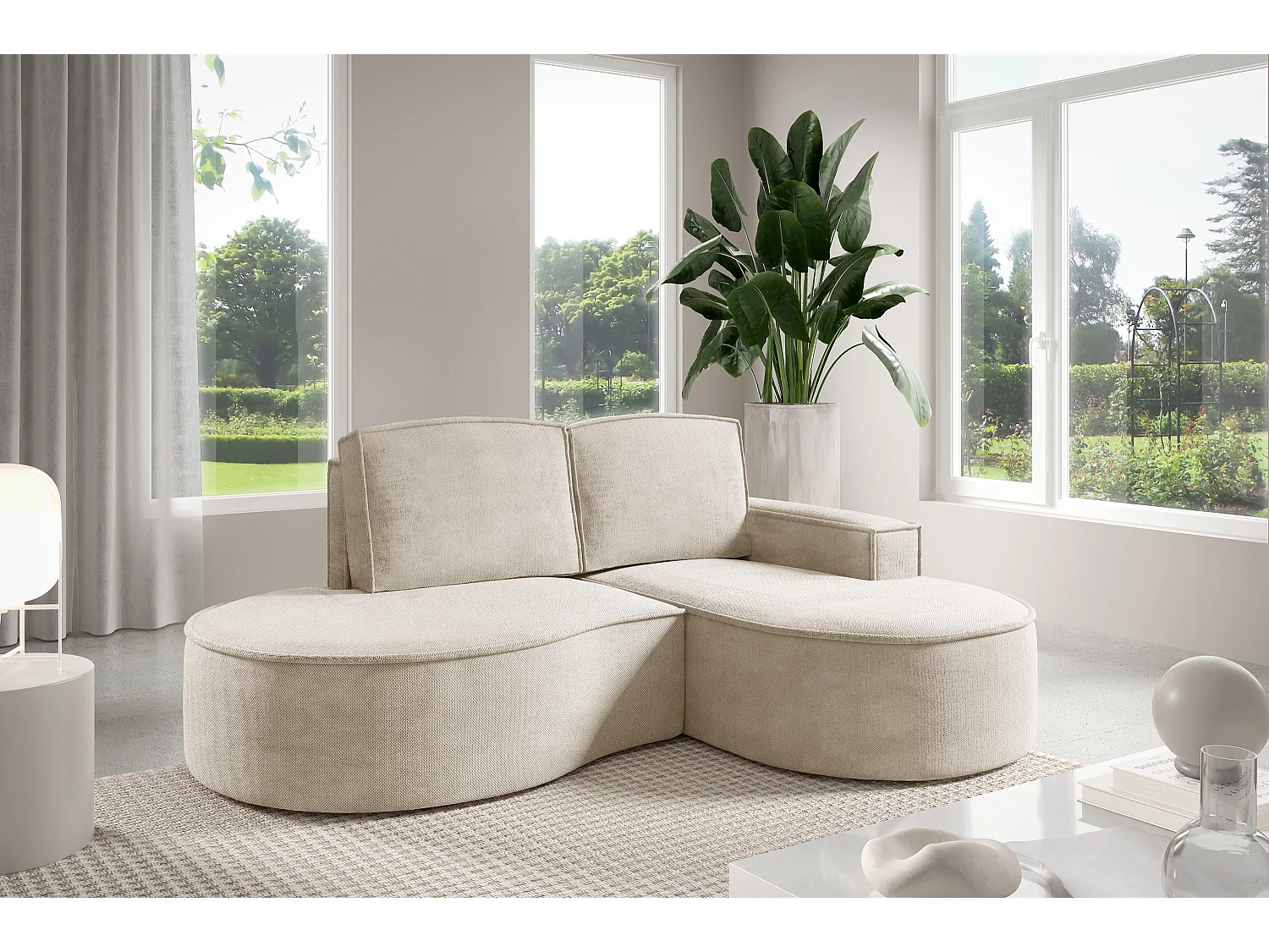 Canapé d'angle MOLLY sans couchage – Demi-lune, tissu Bouclé, coussins amovibles, revêtement doux, 210x157x88 cm, côté droit beige