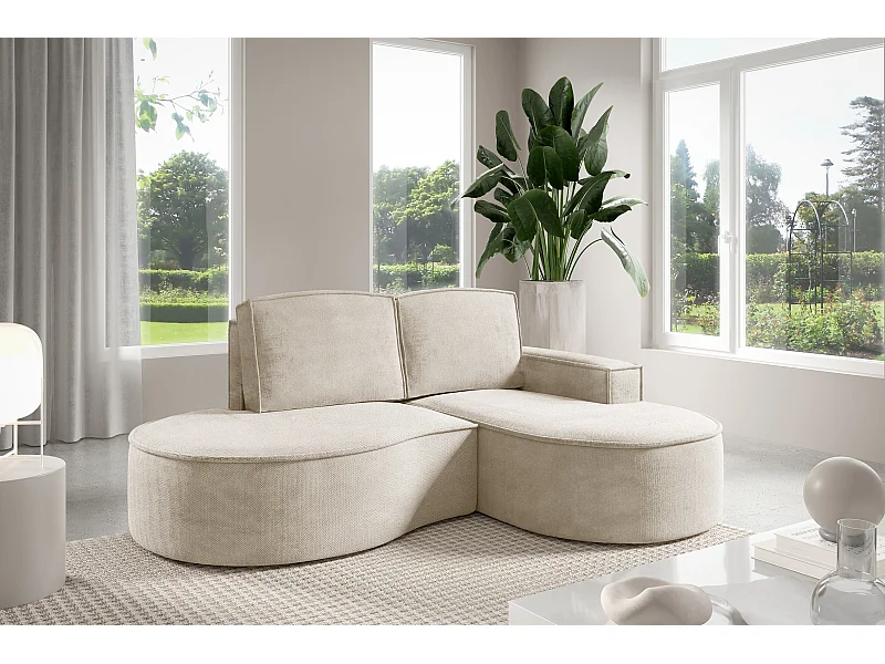 Canapé d'angle MOLLY sans couchage – Demi-lune, tissu Bouclé, coussins amovibles, revêtement doux, 210x157x88 cm, côté droit beige