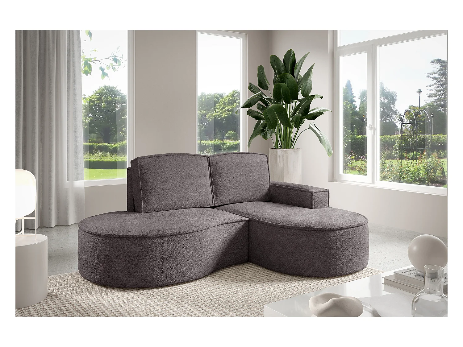 Canapé d'angle MOLLY – Semi-circulaire, Abriamo-Bouclé, Coussins libres, Revêtement bouclé, 210x157x88 cm, Droit Gris Soie