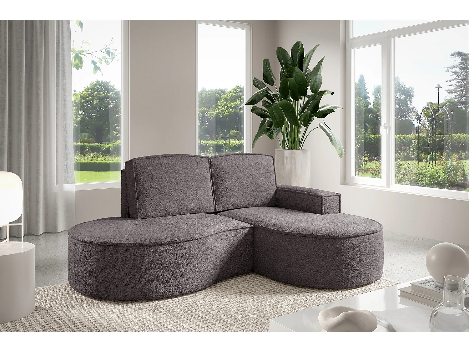 Canapé d'angle MOLLY – Semi-circulaire, Abriamo-Bouclé, Coussins libres, Revêtement bouclé, 210x157x88 cm, Droit Gris Soie