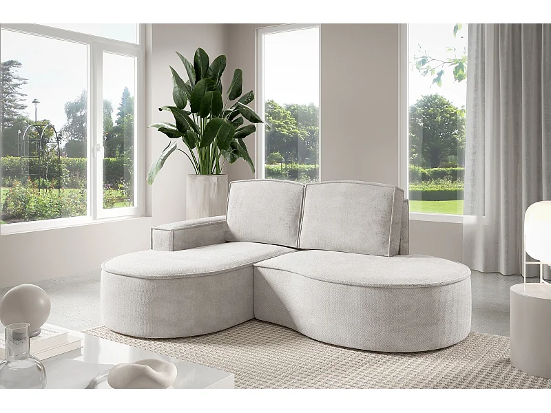 Canapé d'angle MOLLY sans couchage – Demi-lune, tissu Bouclé, coussins amovibles, revêtement doux, 210x157x88 cm, côté gauche blanc