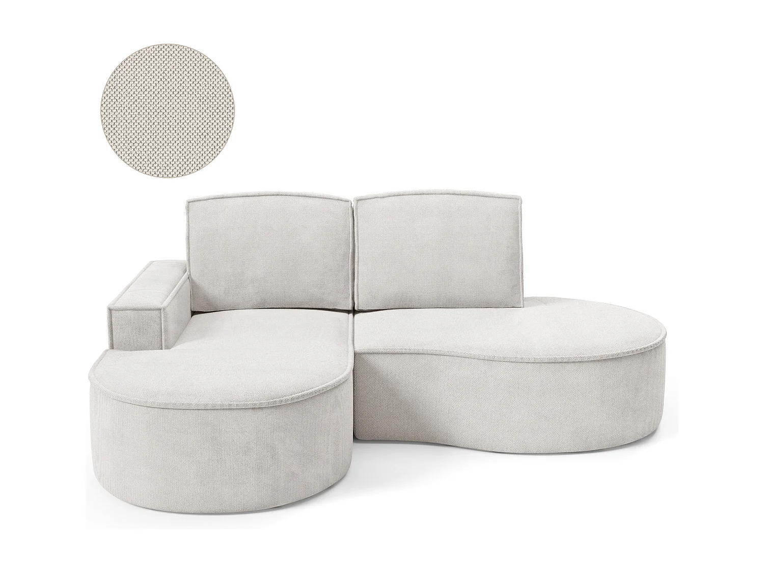 Canapé d'angle MOLLY sans couchage – Demi-lune, tissu Bouclé, coussins amovibles, revêtement doux, 210x157x88 cm, côté gauche blanc