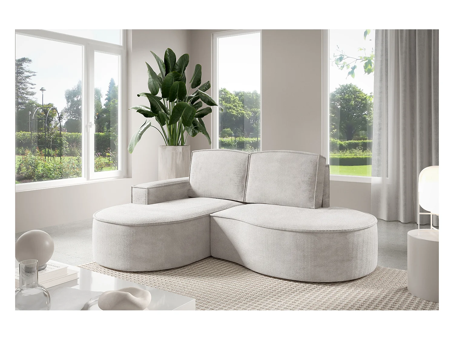 Canapé d'angle MOLLY sans couchage – Demi-lune, tissu Bouclé, coussins amovibles, revêtement doux, 210x157x88 cm, côté gauche blanc