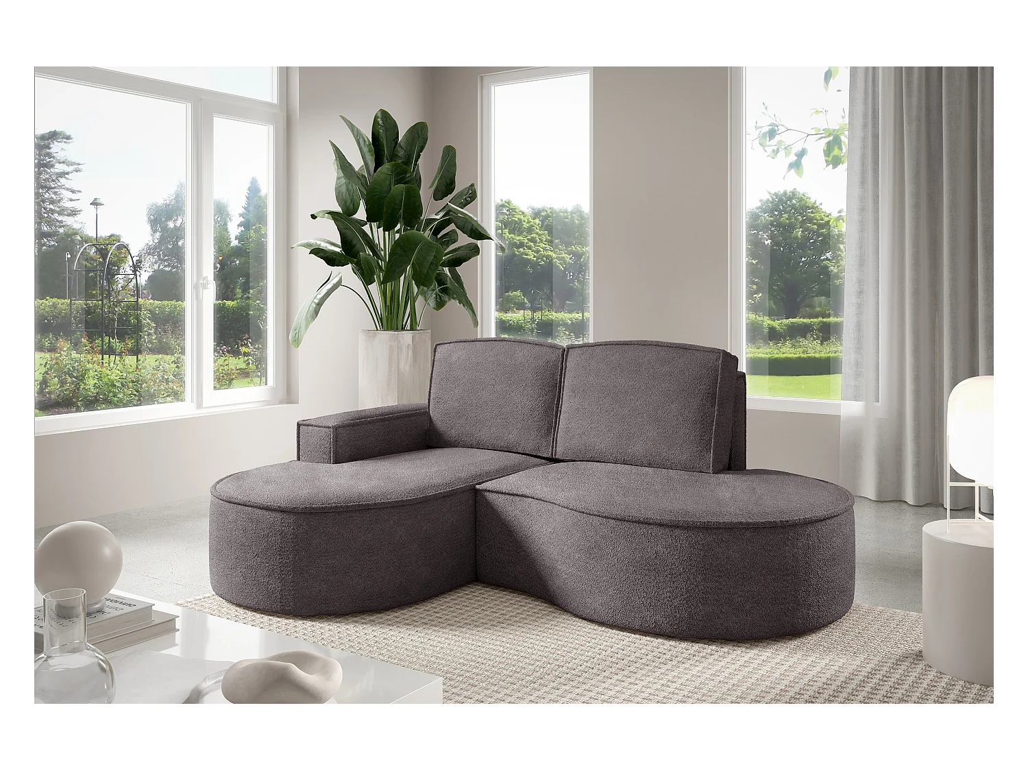 Canapé d'angle MOLLY – Semi-circulaire, Abriamo-Bouclé, Coussins libres, Revêtement bouclé, 210x157x88 cm, Gauche Gris Soie