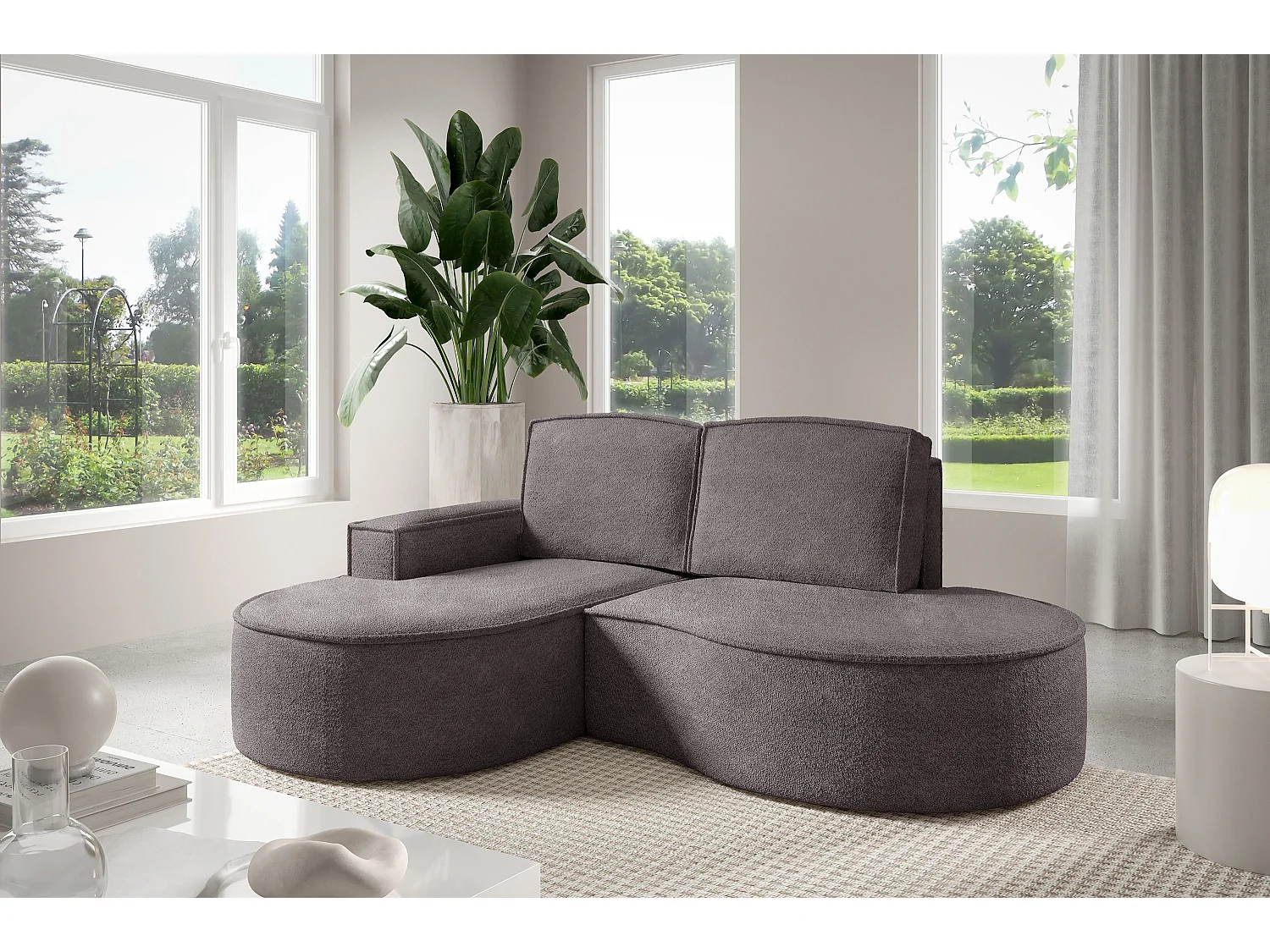 Hoekbank MOLLY – Halfrond, Abriamo-Bouclé, Losse Kussens, Bouclé-bekleding, 210x157x88 cm, Links Zijdegrijs