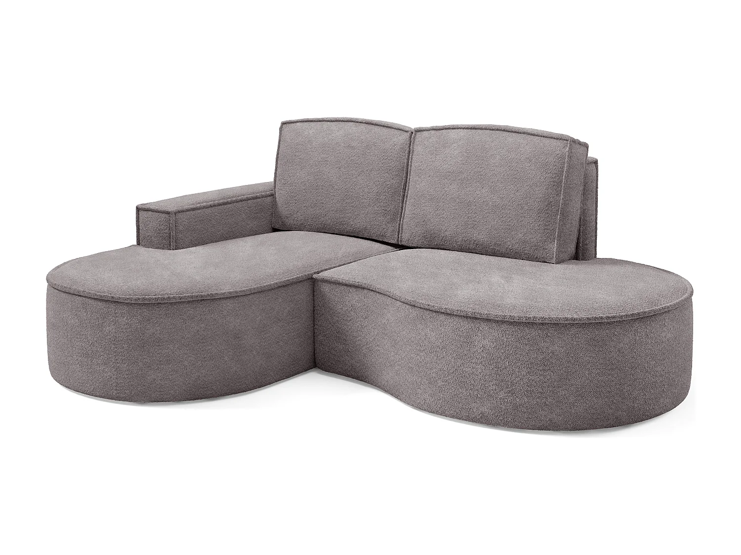 Hoekbank MOLLY – Halfrond, Abriamo-Bouclé, Losse Kussens, Bouclé-bekleding, 210x157x88 cm, Links Zijdegrijs