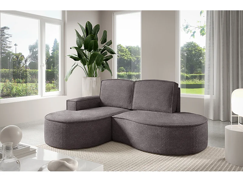Hoekbank MOLLY – Halfrond, Abriamo-Bouclé, Losse Kussens, Bouclé-bekleding, 210x157x88 cm, Links Zijdegrijs