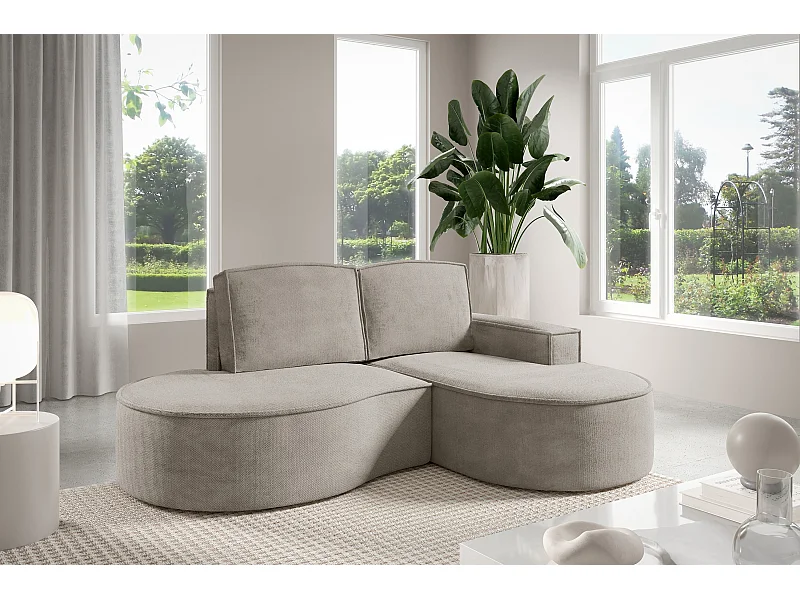 Narożnik MOLLY bez funkcji spania, półokrągły, bouclé Curio, luźne poduszki, 210x157x88 cm, prawa strona, jesion